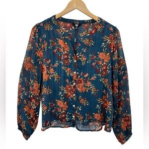 NWT Frye Floral Sheer Lurex Long Sleeve Split V-Neck Blouse